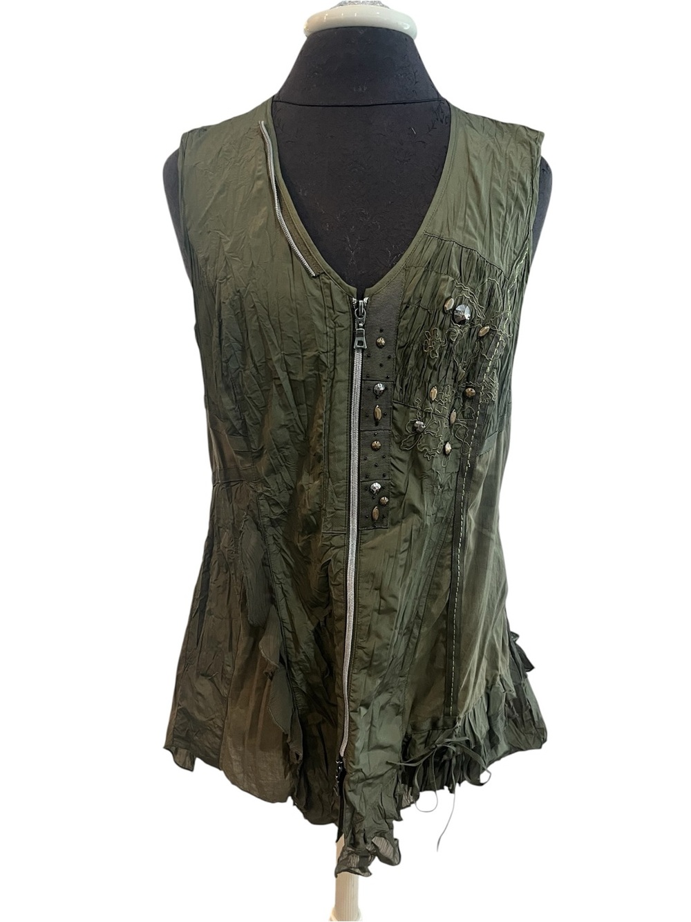 Vintage Biba Army Green Multi Textured Beaded Goth Fairy Grunge Corset Zip Vest